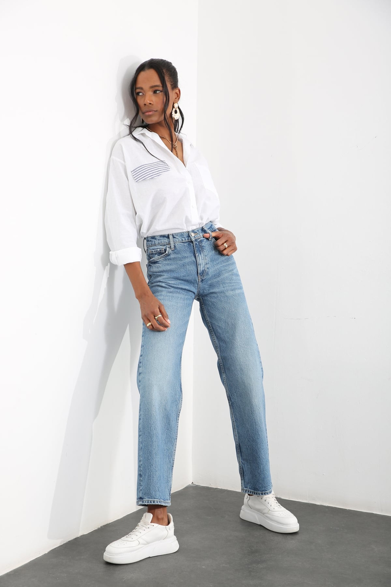 Mavi Yüksek Bel Wide Leg Jean 