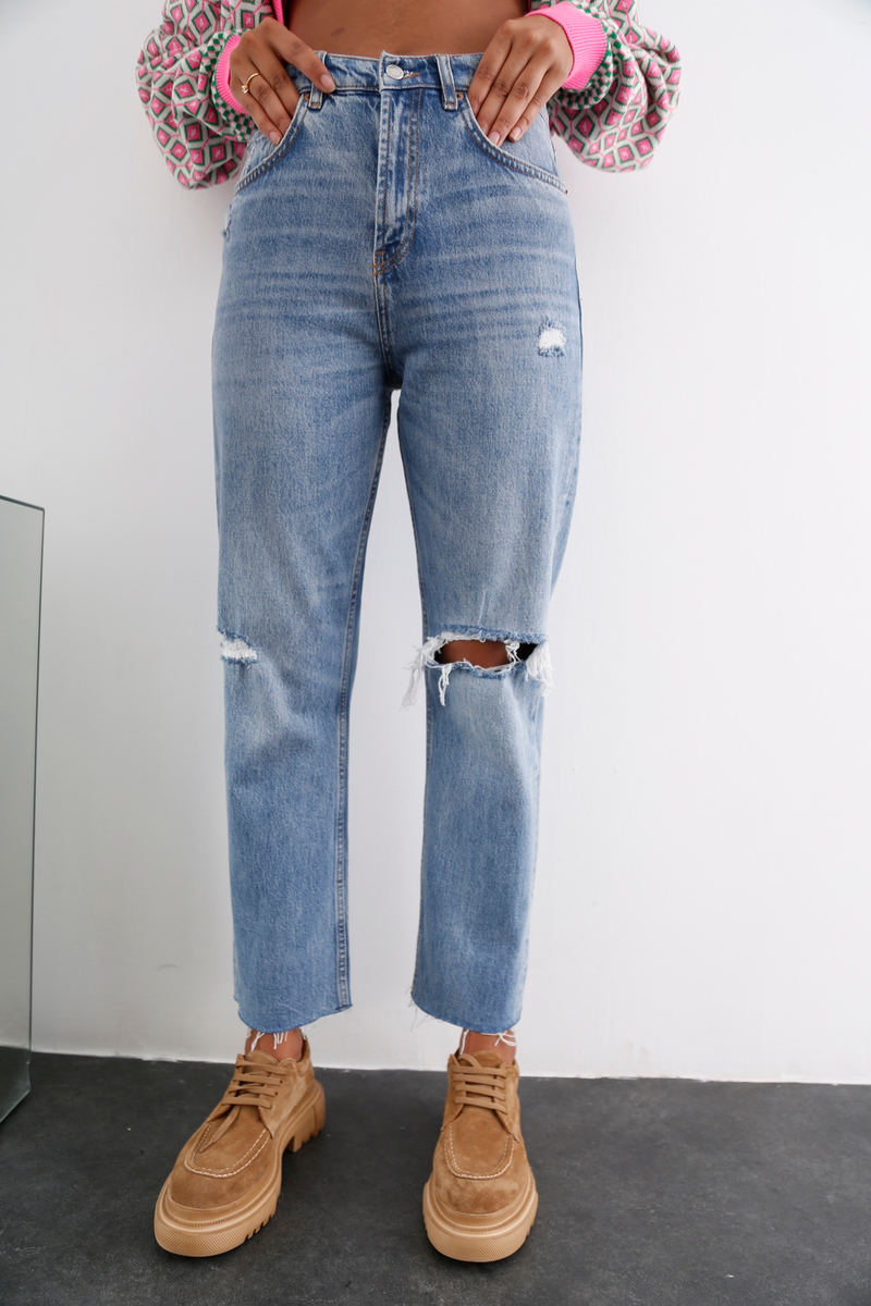 Mavi Yüksek Bel Yırtıklı Boyfit Jean 
