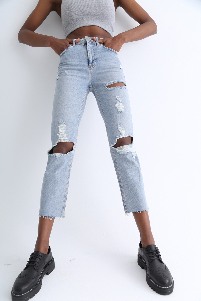 Mavi Yüksek Bel Yırtıklı Boyfit Jean 110237