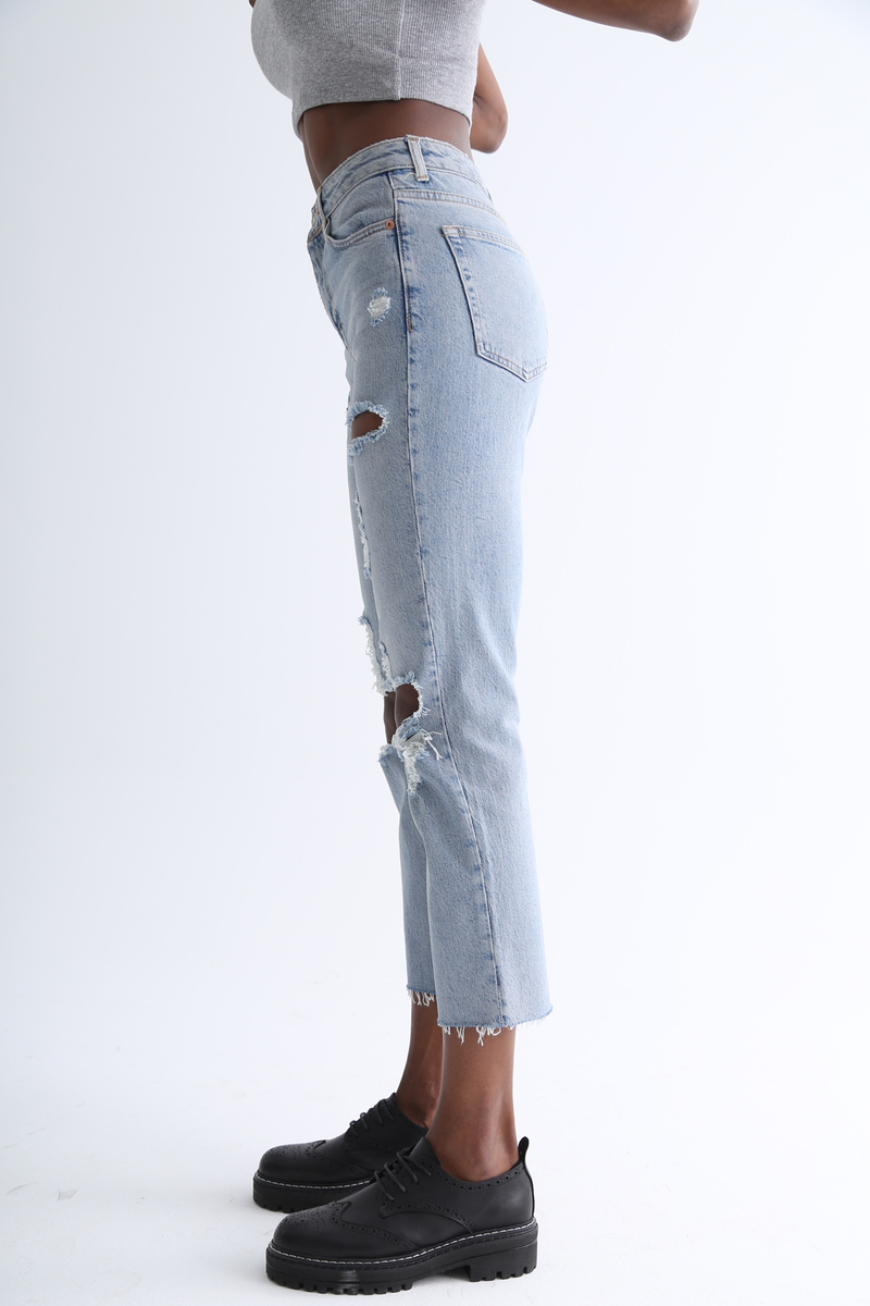 Mavi Yüksek Bel Yırtıklı Boyfit Jean 110237