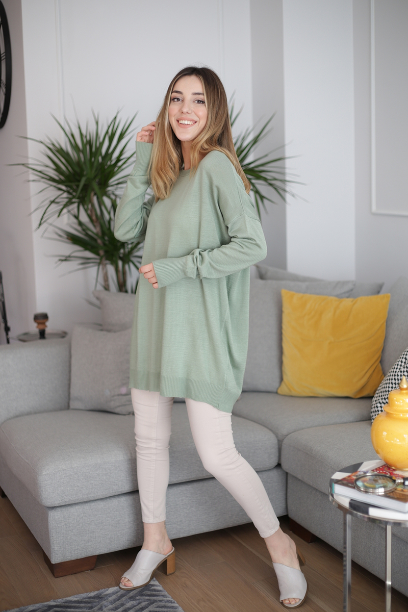 Mint Bisiklet Yaka Oversize Triko 19038
