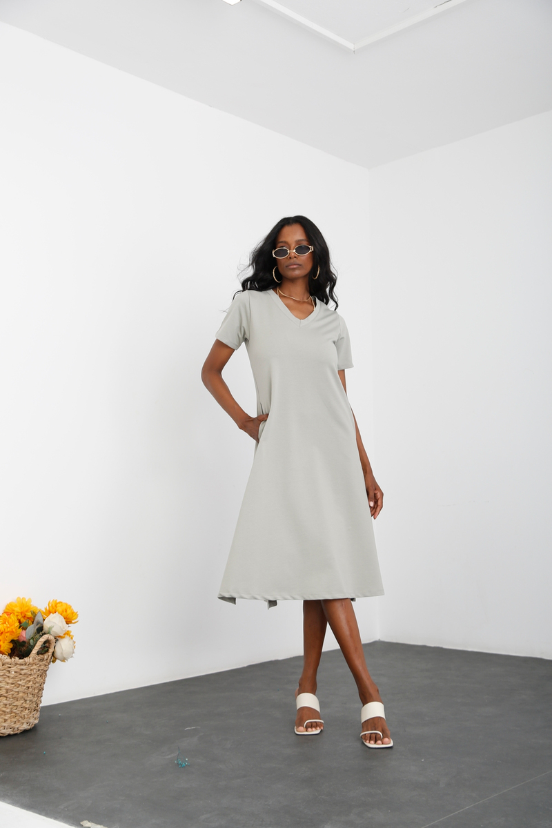 Mint Cep Detaylı V Yaka Elbise 25736