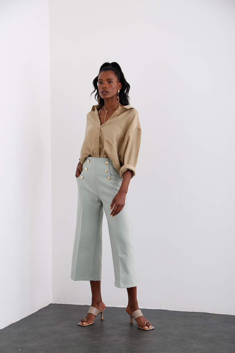 Mint Gold Düğme Detaylı Bol Paça Pantolon 3649