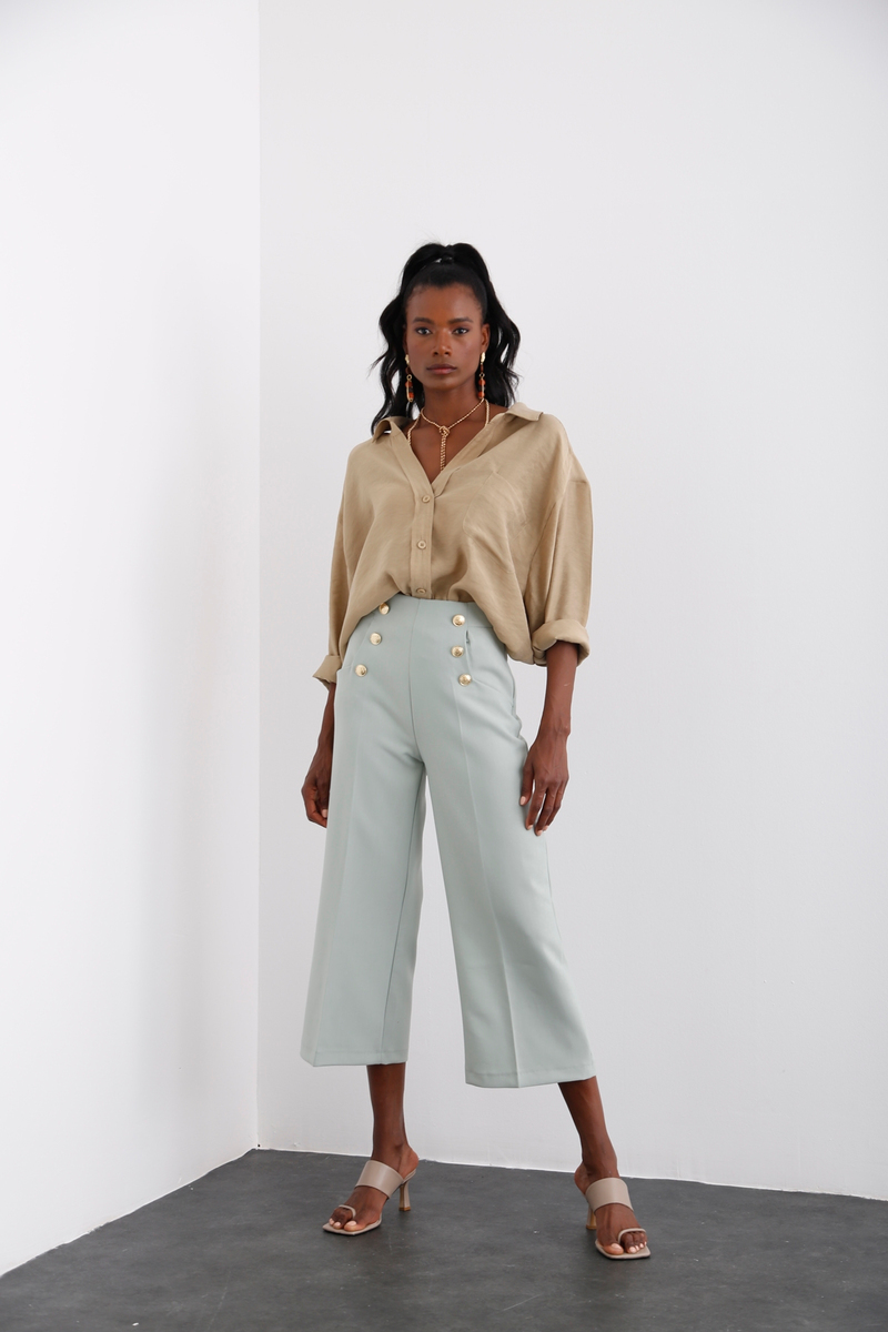 Mint Gold Düğme Detaylı Bol Paça Pantolon 3649