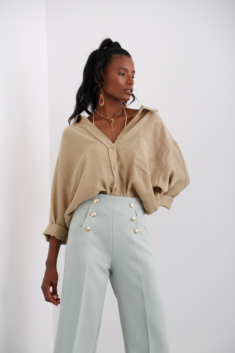 Mint Gold Düğme Detaylı Bol Paça Pantolon 3649