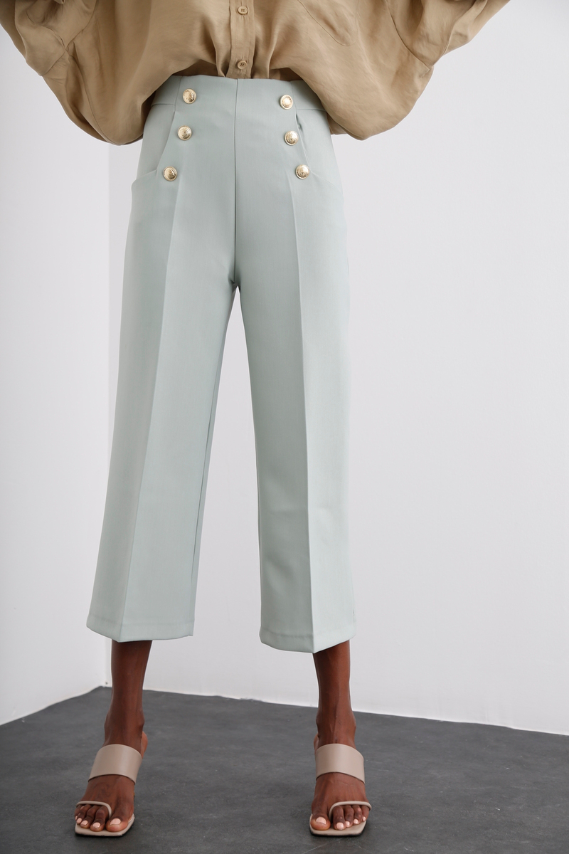 Mint Gold Düğme Detaylı Bol Paça Pantolon 3649