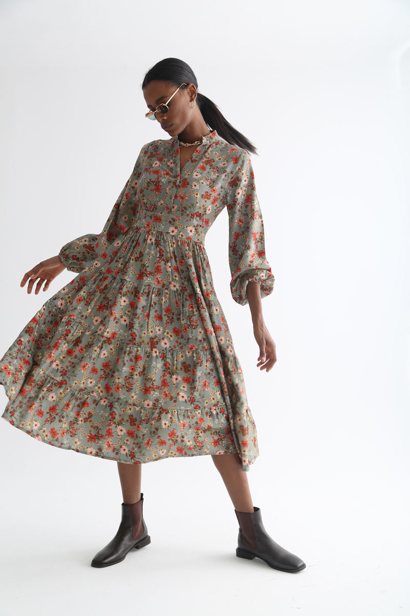 Mint Kolları Lastikli Desenli Elbise 0007