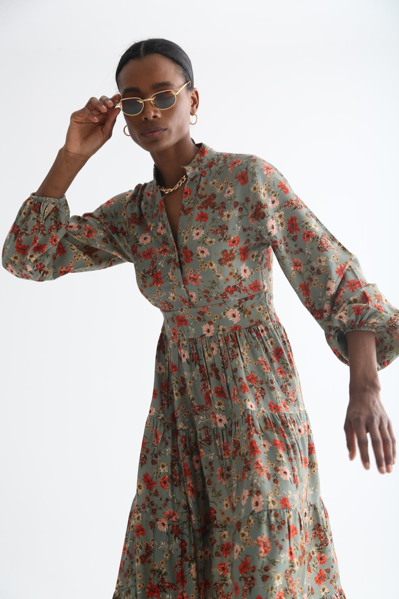 Mint Kolları Lastikli Desenli Elbise 0007