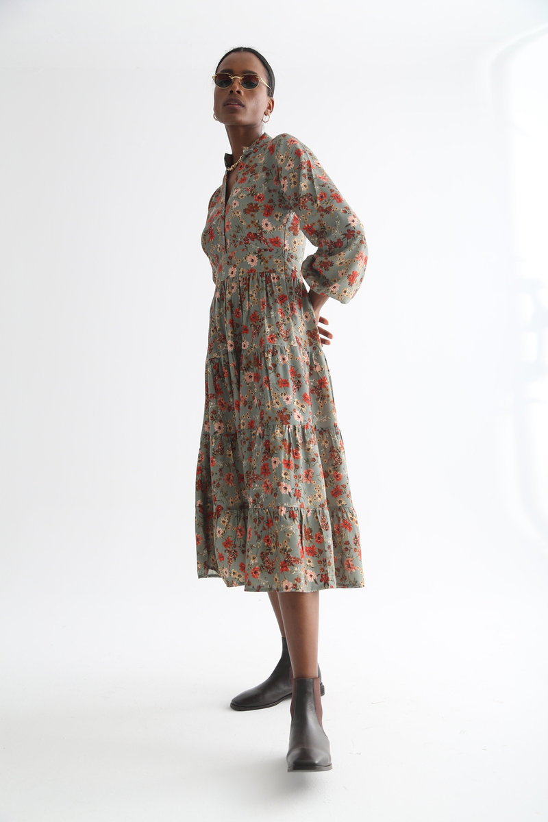 Mint Kolları Lastikli Desenli Elbise 0007