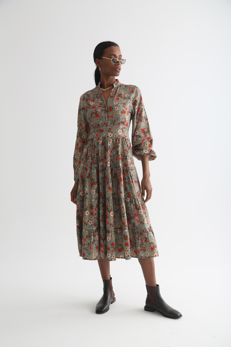 Mint Kolları Lastikli Desenli Elbise 0007