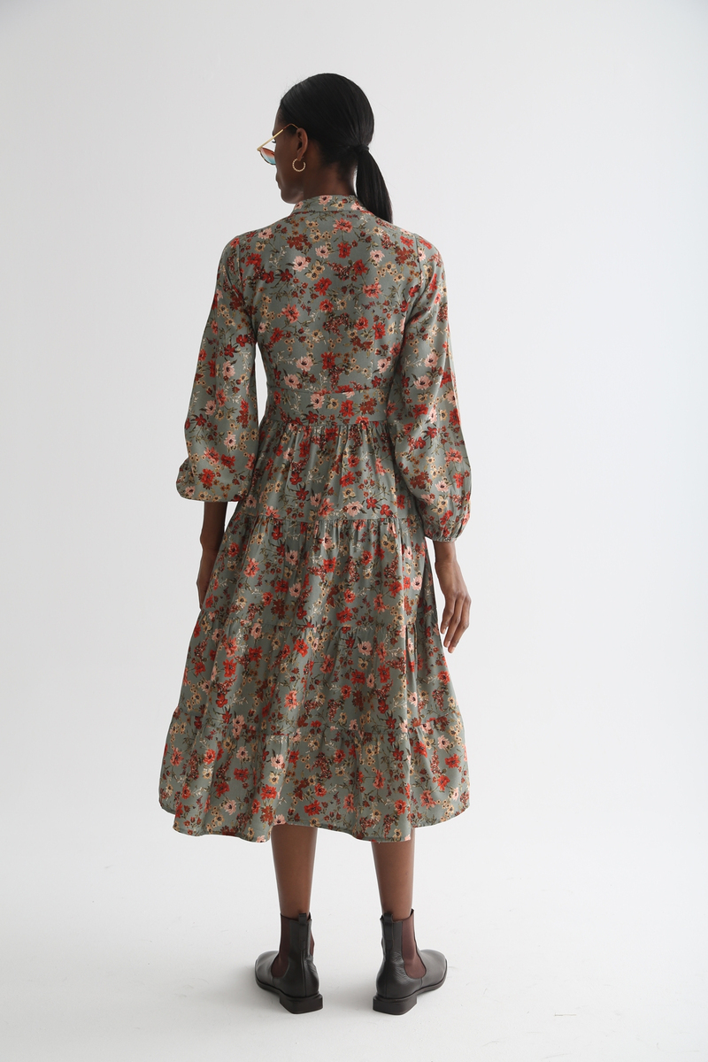 Mint Kolları Lastikli Desenli Elbise 0007