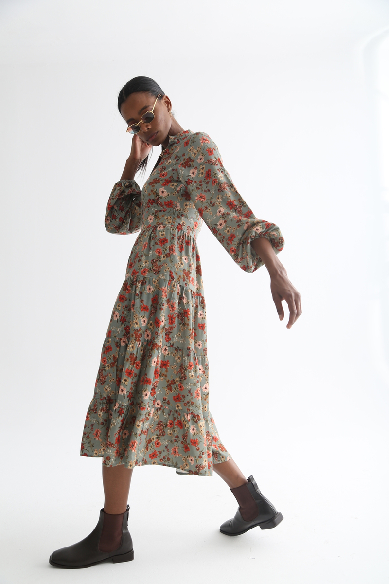 Mint Kolları Lastikli Desenli Elbise 0007