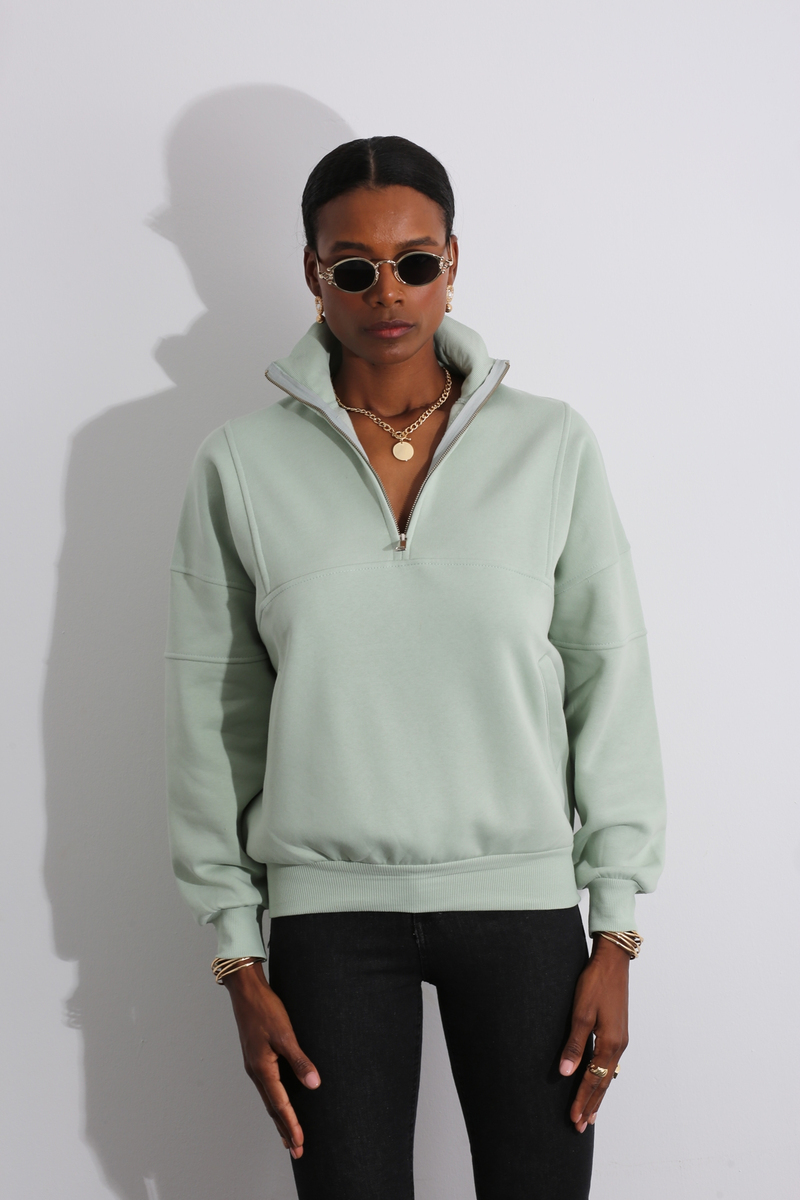 Mint Yarım Fermuarlı Sweatshirt 