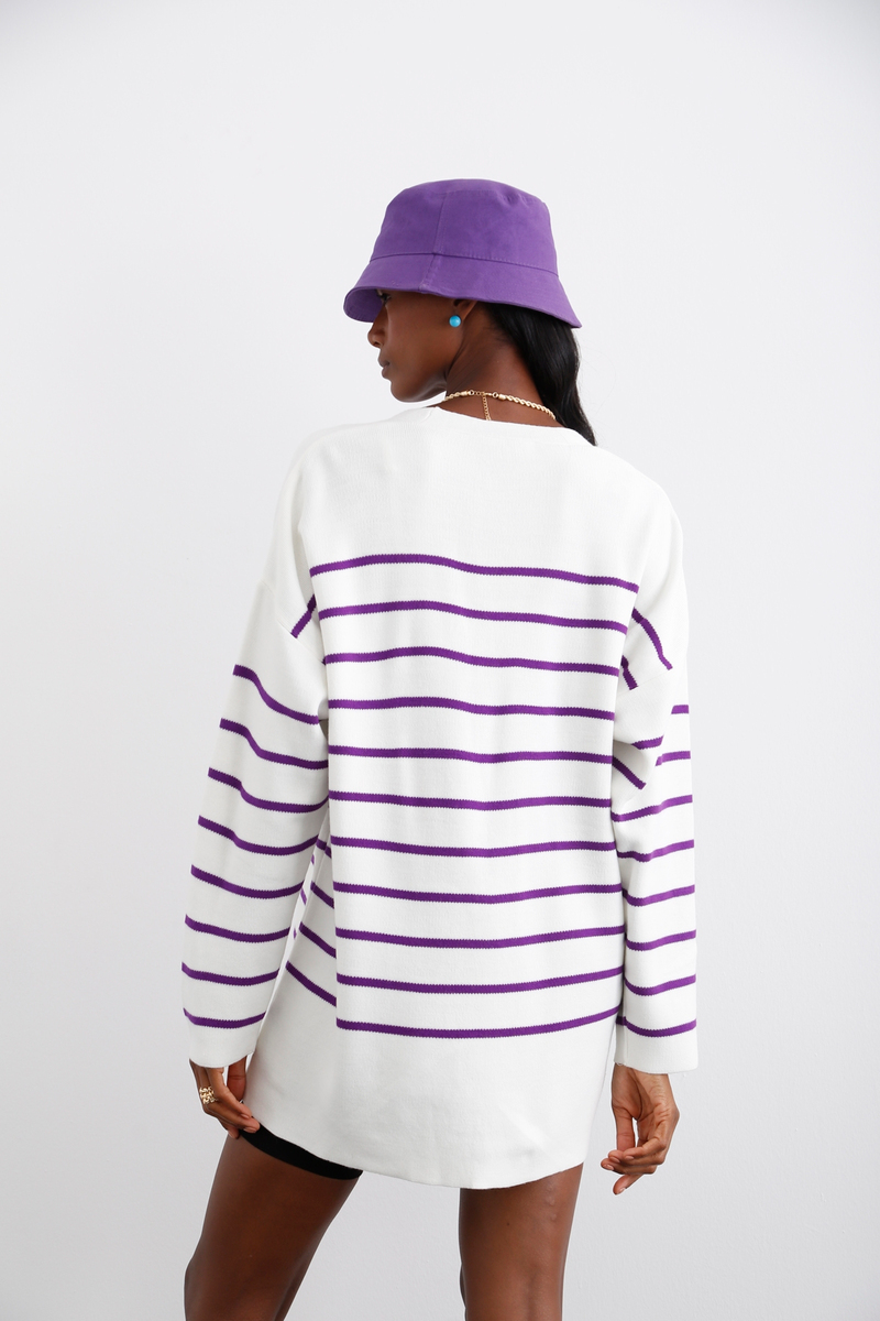 Mor Çizgili Oversize Hırka 22178