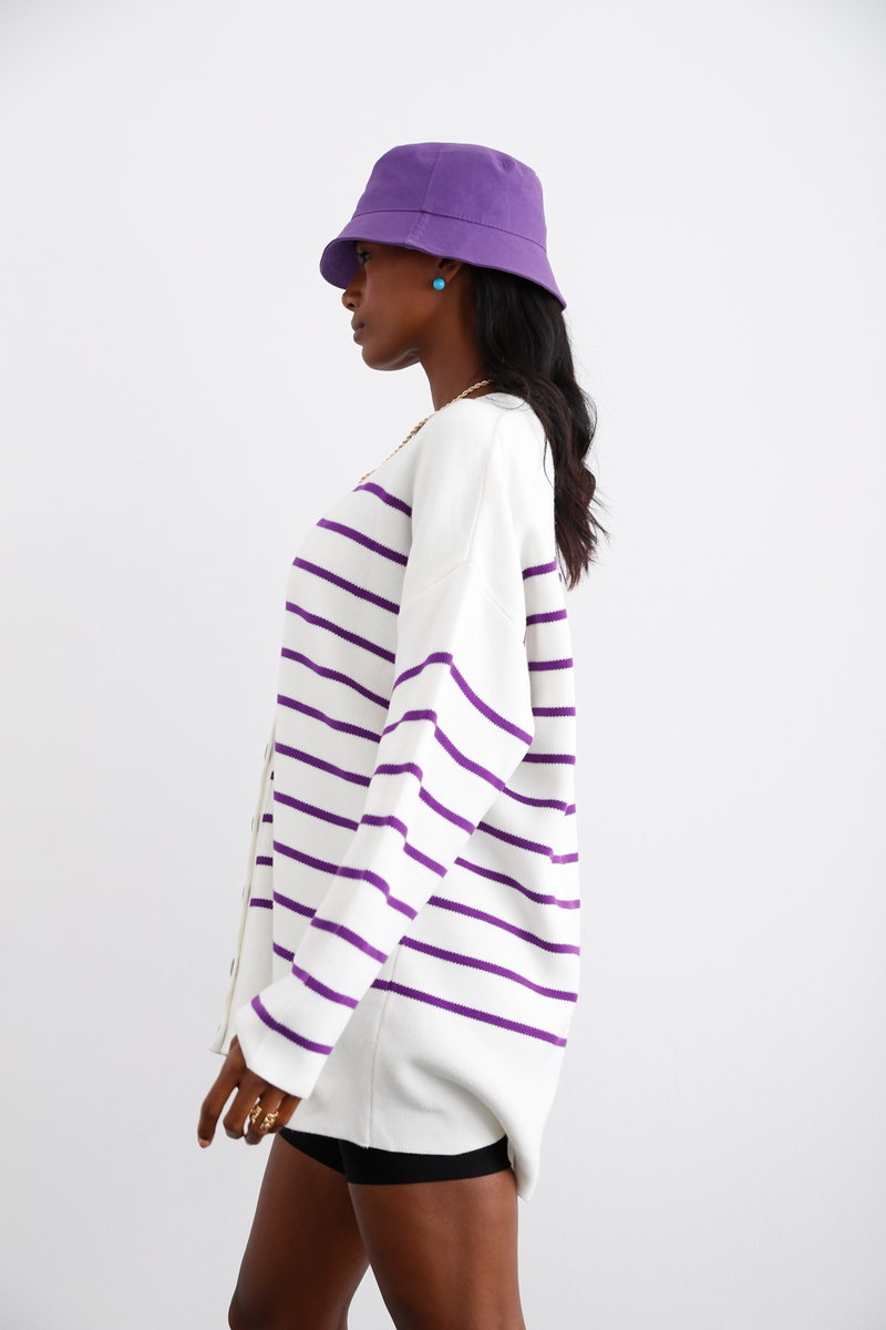 Mor Çizgili Oversize Hırka 22178