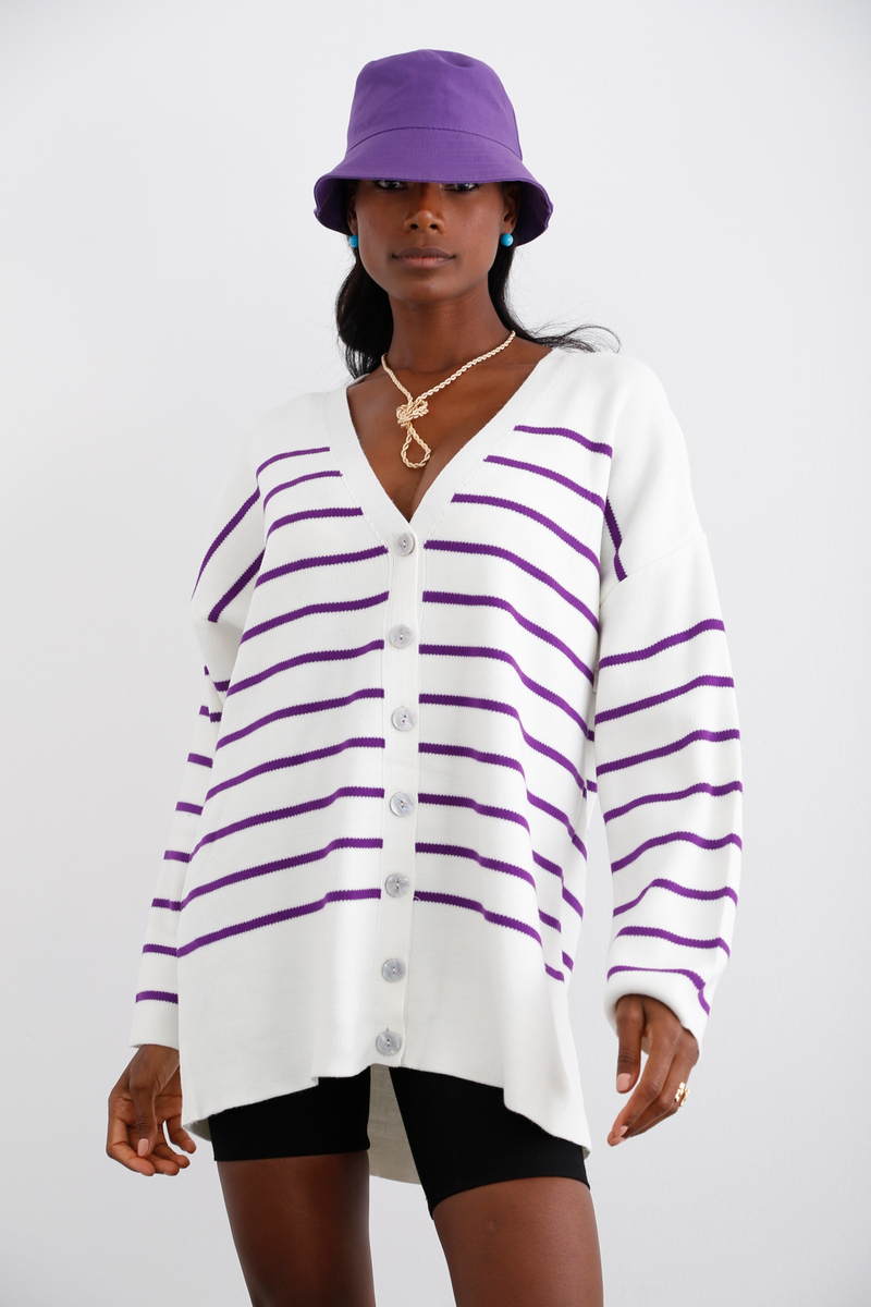 Mor Çizgili Oversize Hırka 22178