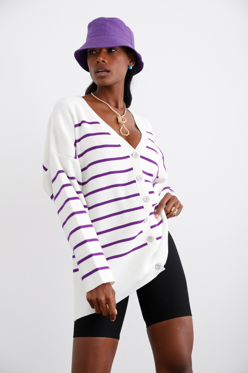Mor Çizgili Oversize Hırka 22178