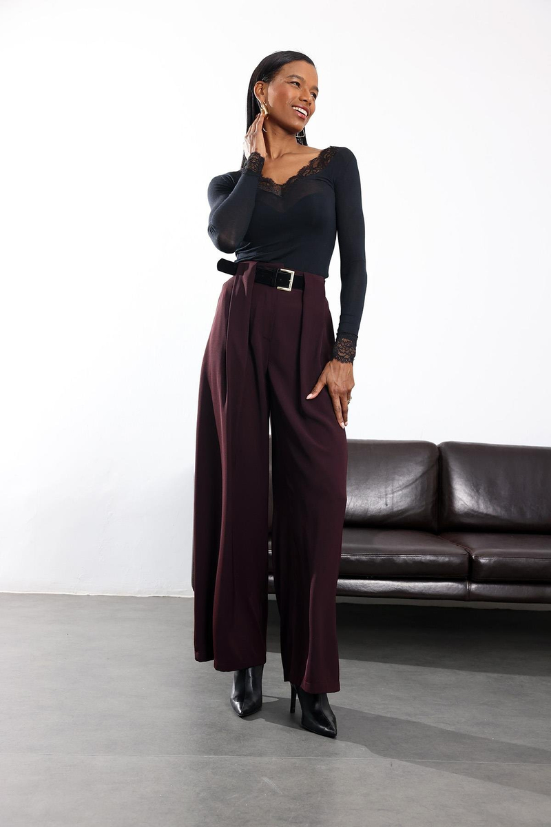 Mürdüm Kemerli Palazzo Kumaş Pantolon 3855