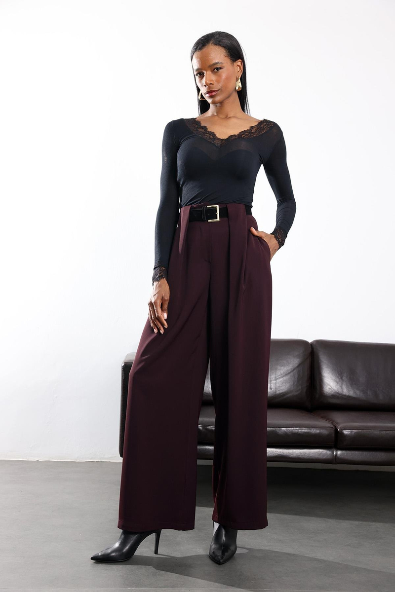 Mürdüm Kemerli Palazzo Kumaş Pantolon 3855