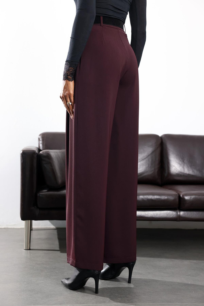 Mürdüm Kemerli Palazzo Kumaş Pantolon 3855