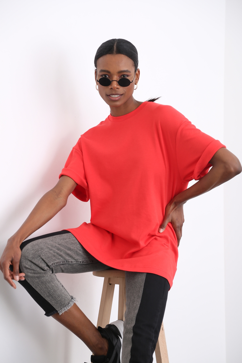 Nar Çiçeği Bisiklet Yaka Basic Tshirt 