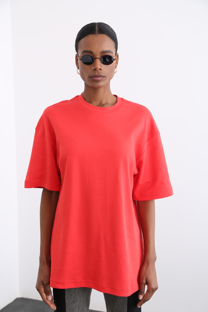 Nar Çiçeği Bisiklet Yaka Basic Tshirt 
