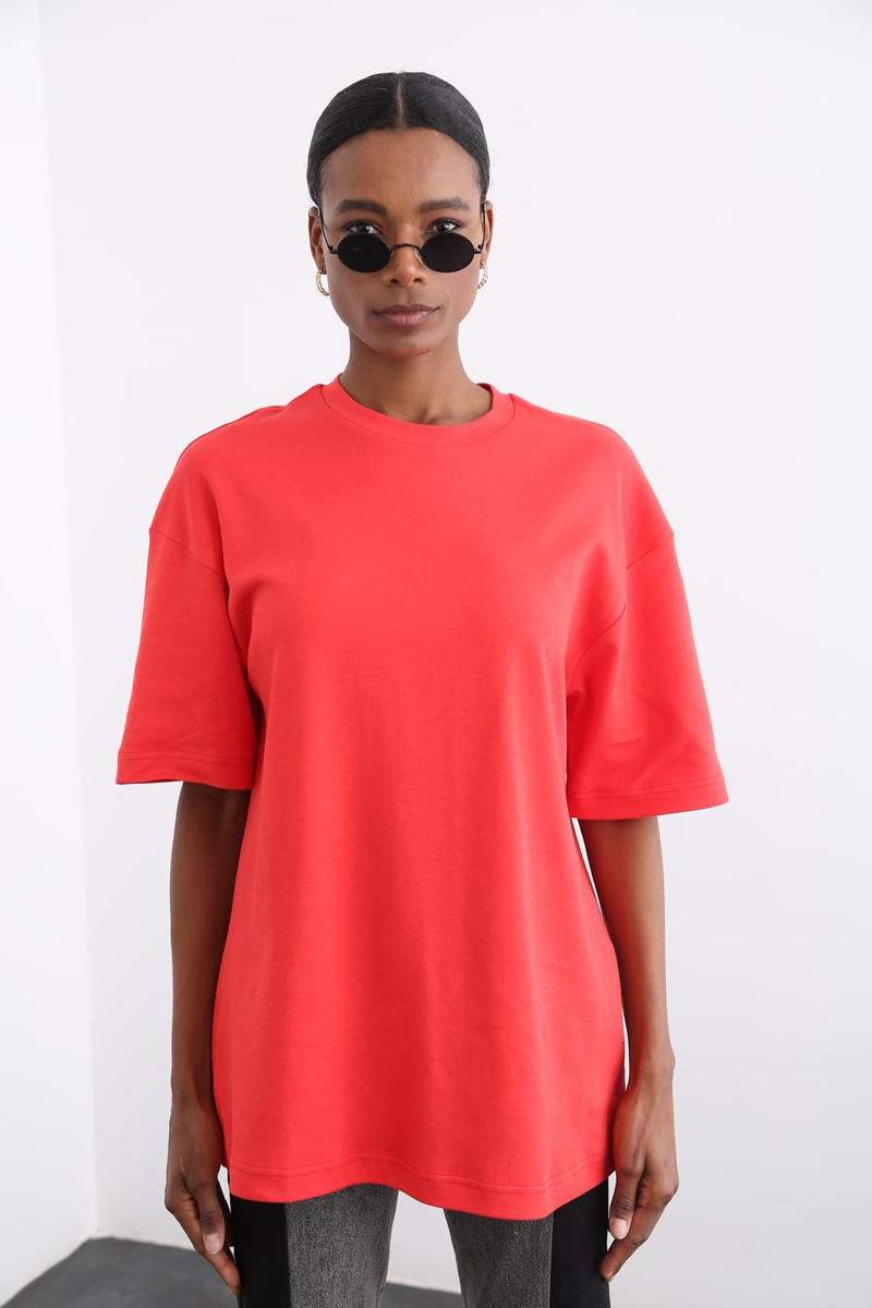Nar Çiçeği Bisiklet Yaka Basic Tshirt 