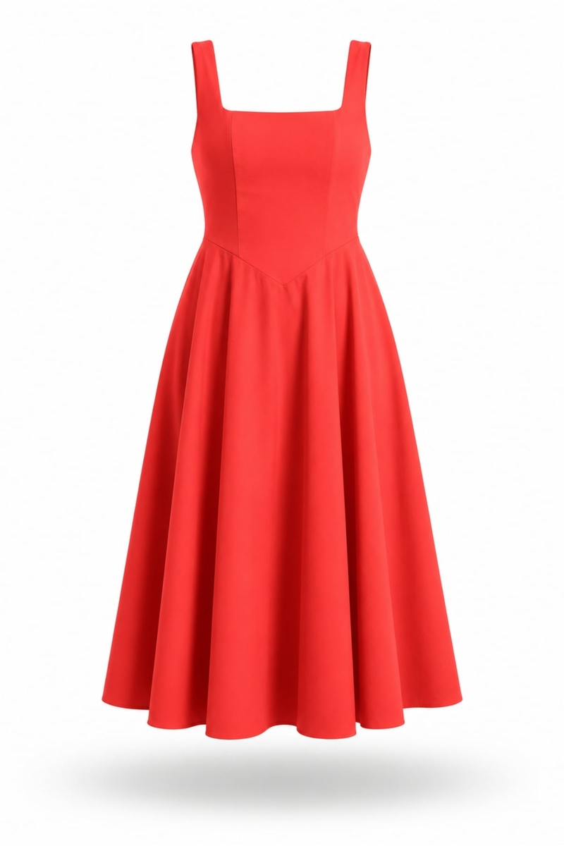 Nar Çiçeği Kare Yaka Poplin Midi Elbise 12459