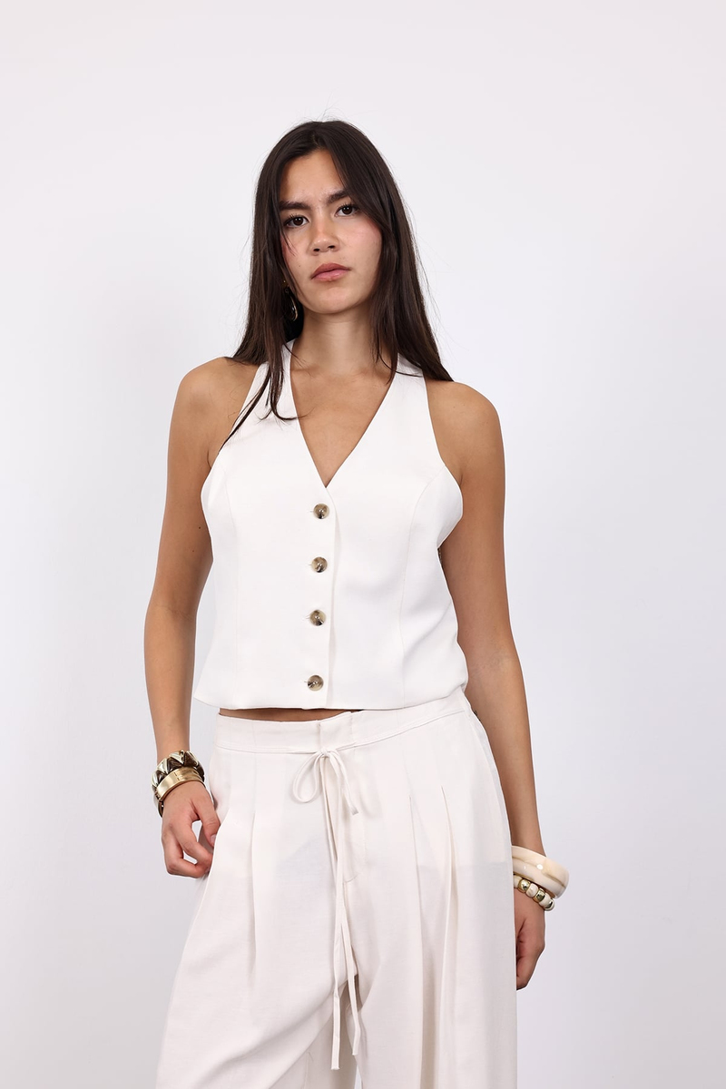 Naturel Keten Karışımlı Yelek Pantolon Takım 