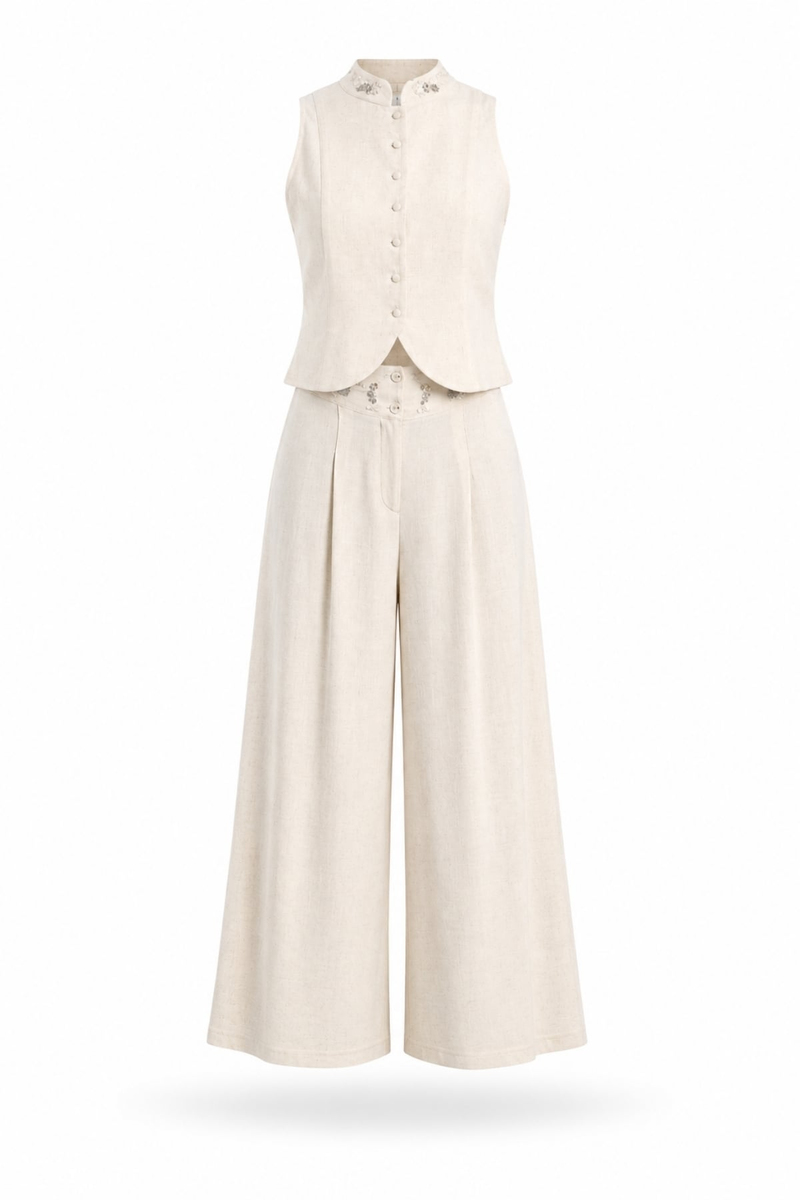 Naturel Taş İşlemeli Yelek Pantolon Takım 39704
