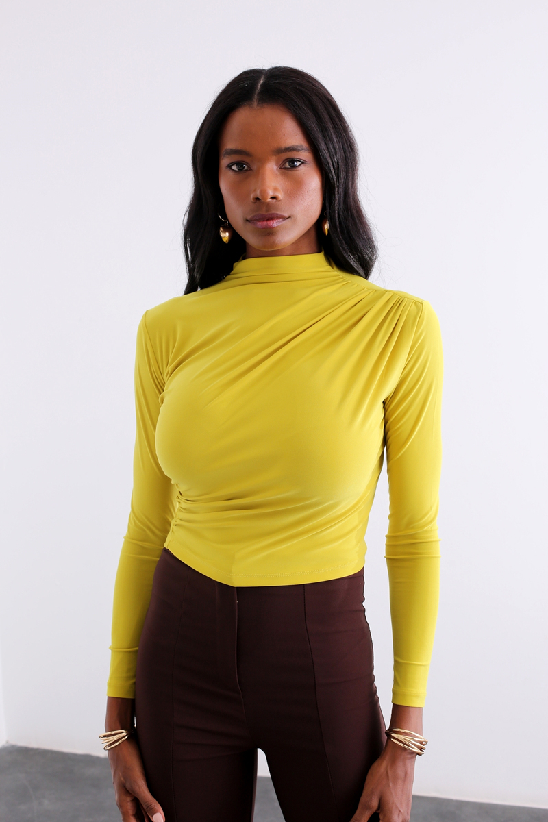 Olive Dik Yaka Drapeli Bluz 1005