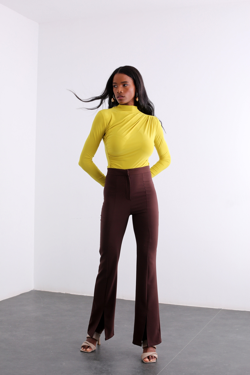 Olive Dik Yaka Drapeli Bluz 1005
