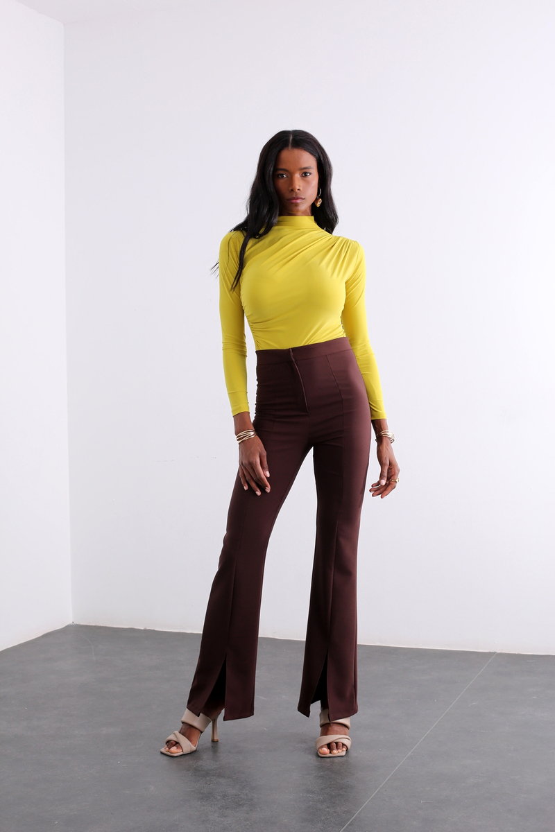Olive Dik Yaka Drapeli Bluz 1005