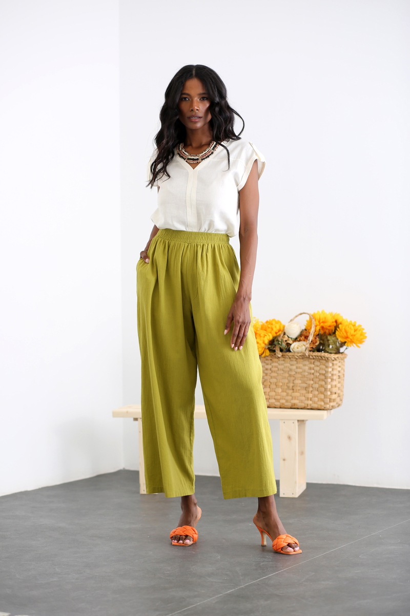 Olive Geniş Paça Cepli Pantolon 0283
