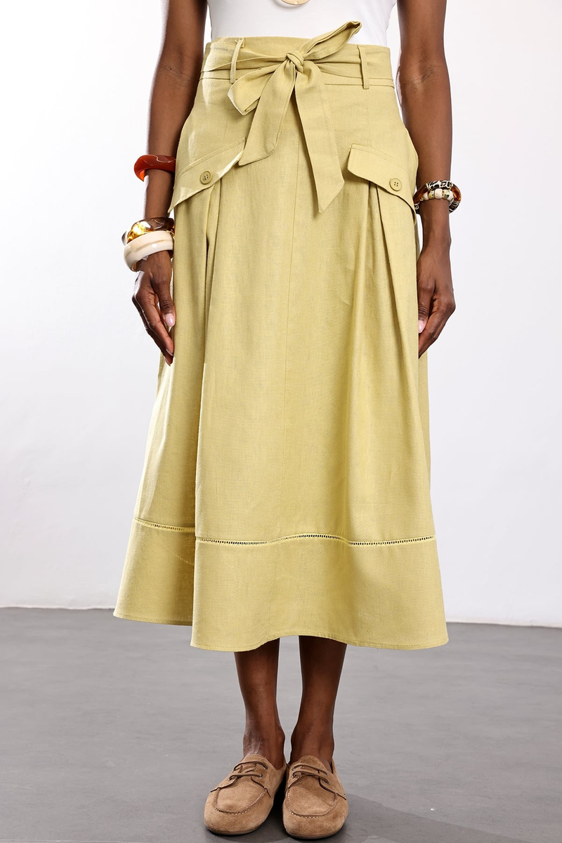 Olive Kemerli Midi Etek 2026