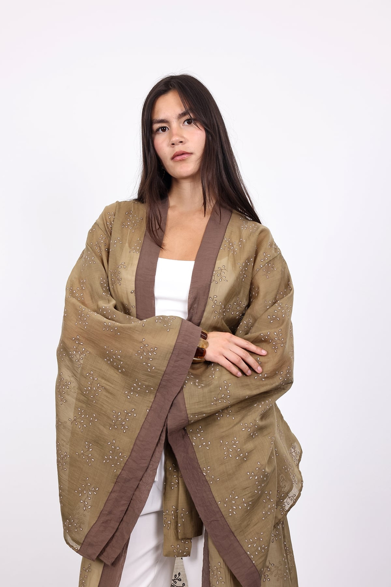 Olive Kuşaklı Nakış İşlemeli Kimono 5097