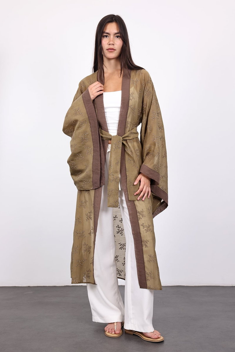 Olive Kuşaklı Nakış İşlemeli Kimono 5097
