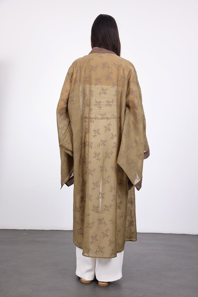 Olive Kuşaklı Nakış İşlemeli Kimono 5097