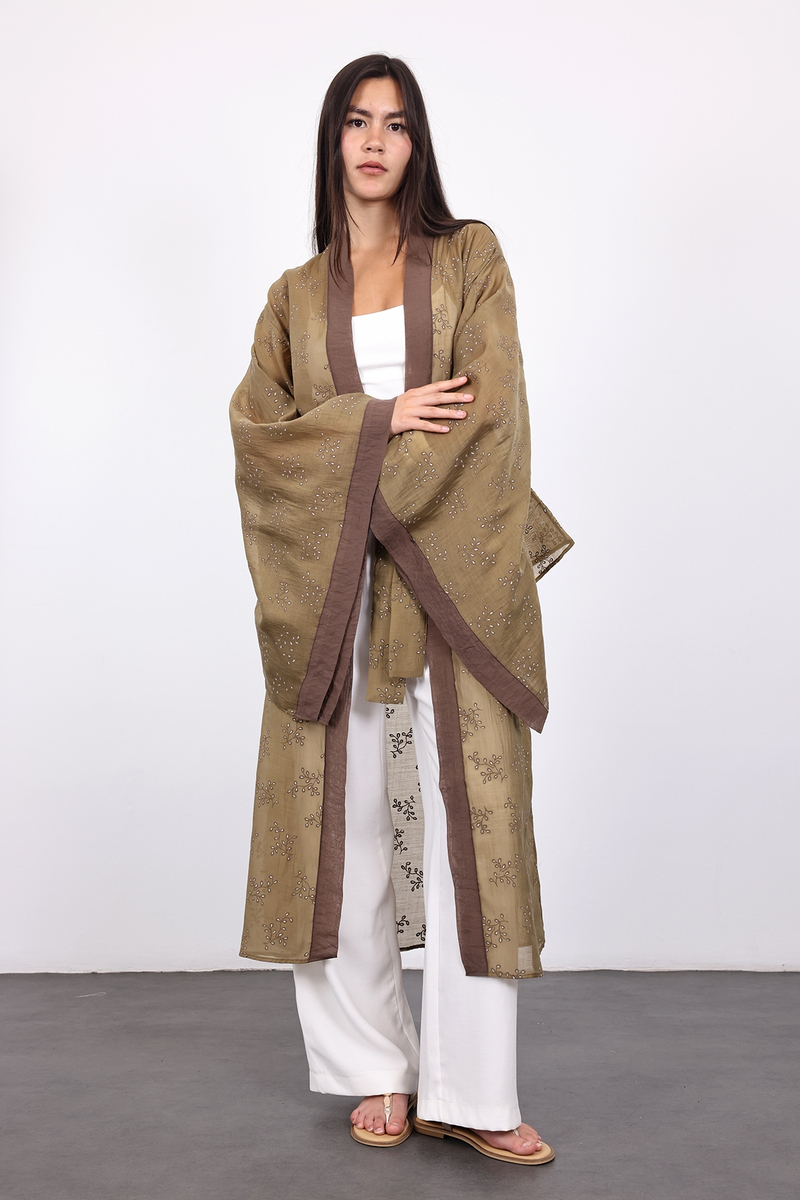 Olive Kuşaklı Nakış İşlemeli Kimono 5097