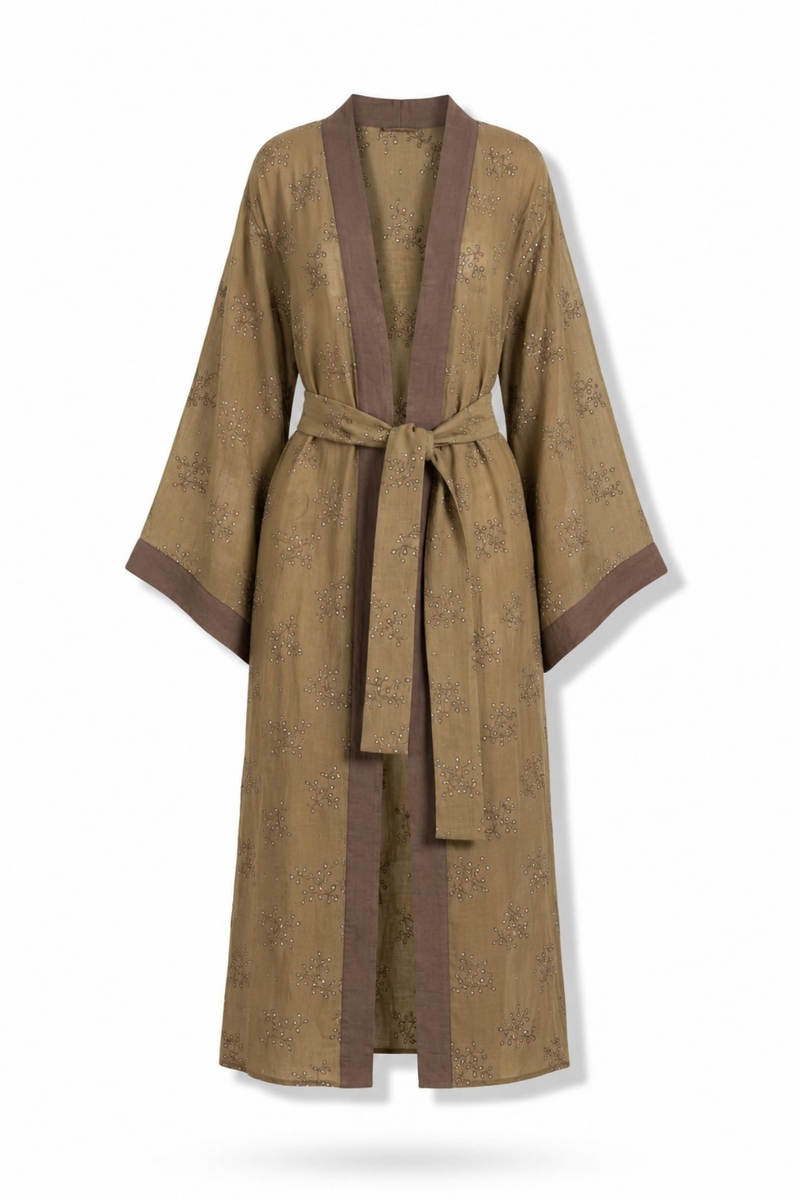 Olive Kuşaklı Nakış İşlemeli Kimono 5097