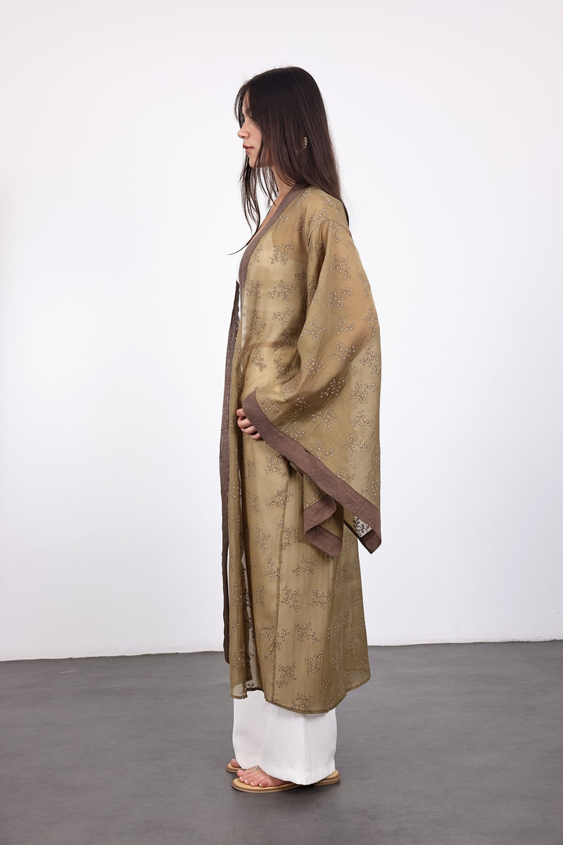 Olive Kuşaklı Nakış İşlemeli Kimono 5097