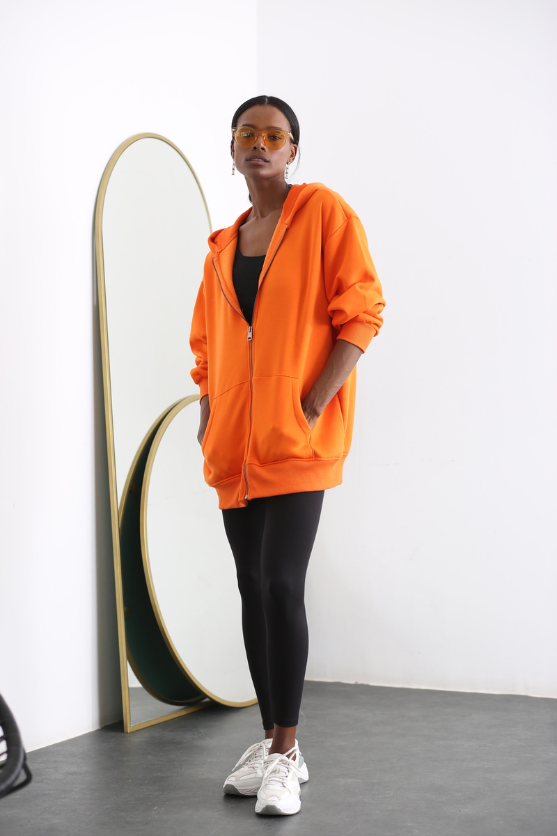 Orange Oversize Fermuarlı Sweatshirt 0167