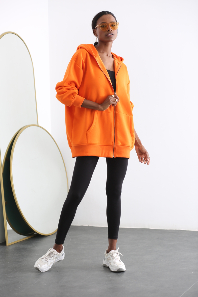 Orange Oversize Fermuarlı Sweatshirt 0167