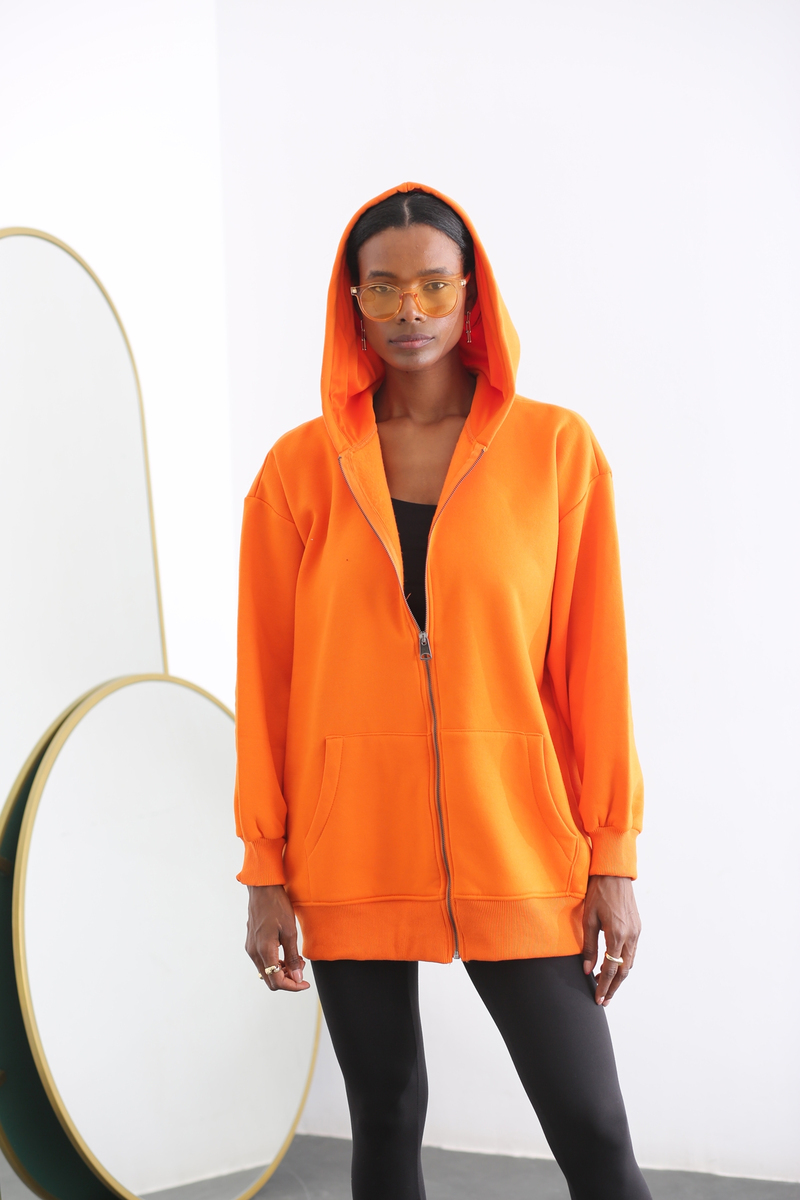 Orange Oversize Fermuarlı Sweatshirt 0167