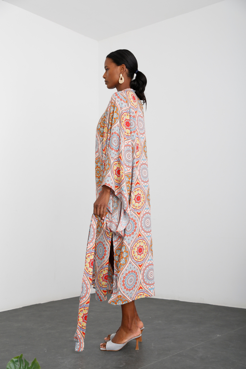 Oranj Etnik Desen Kuşaklı Kimono 54117