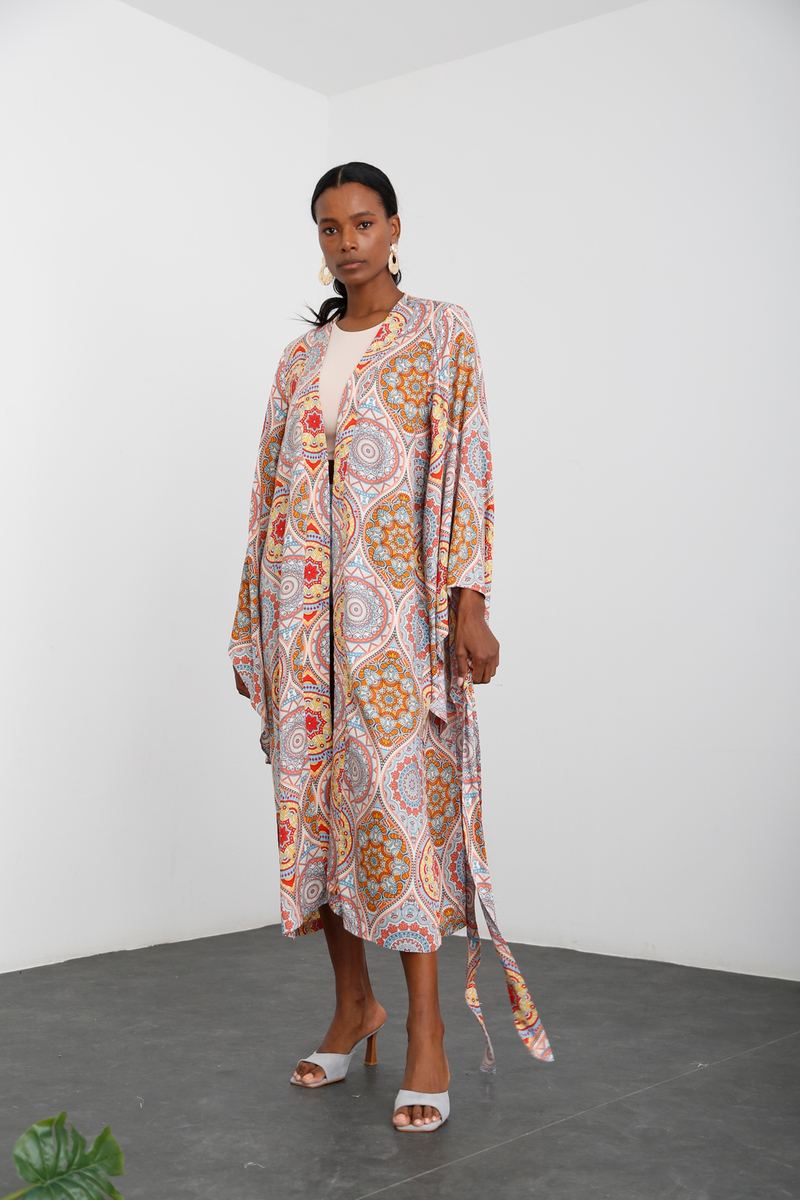 Oranj Etnik Desen Kuşaklı Kimono 54117