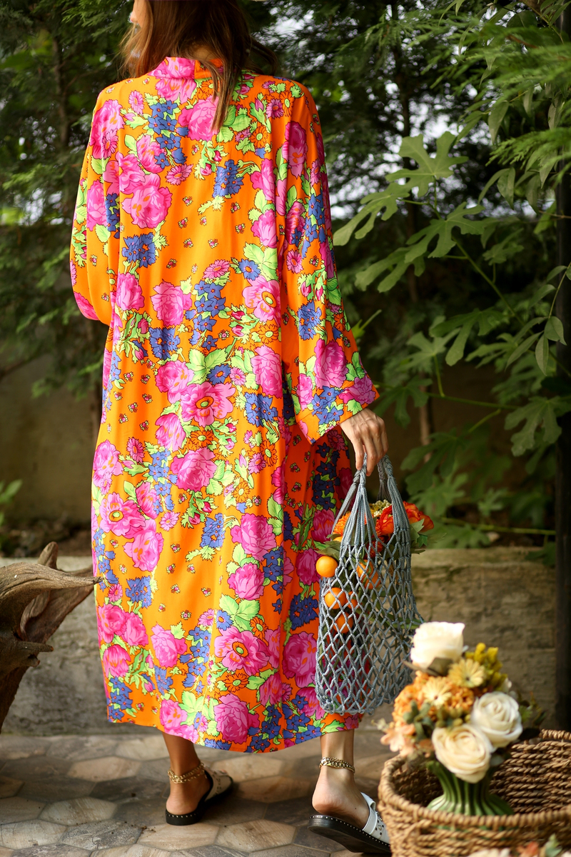 Oranj Kendinden Desenli Kimono 