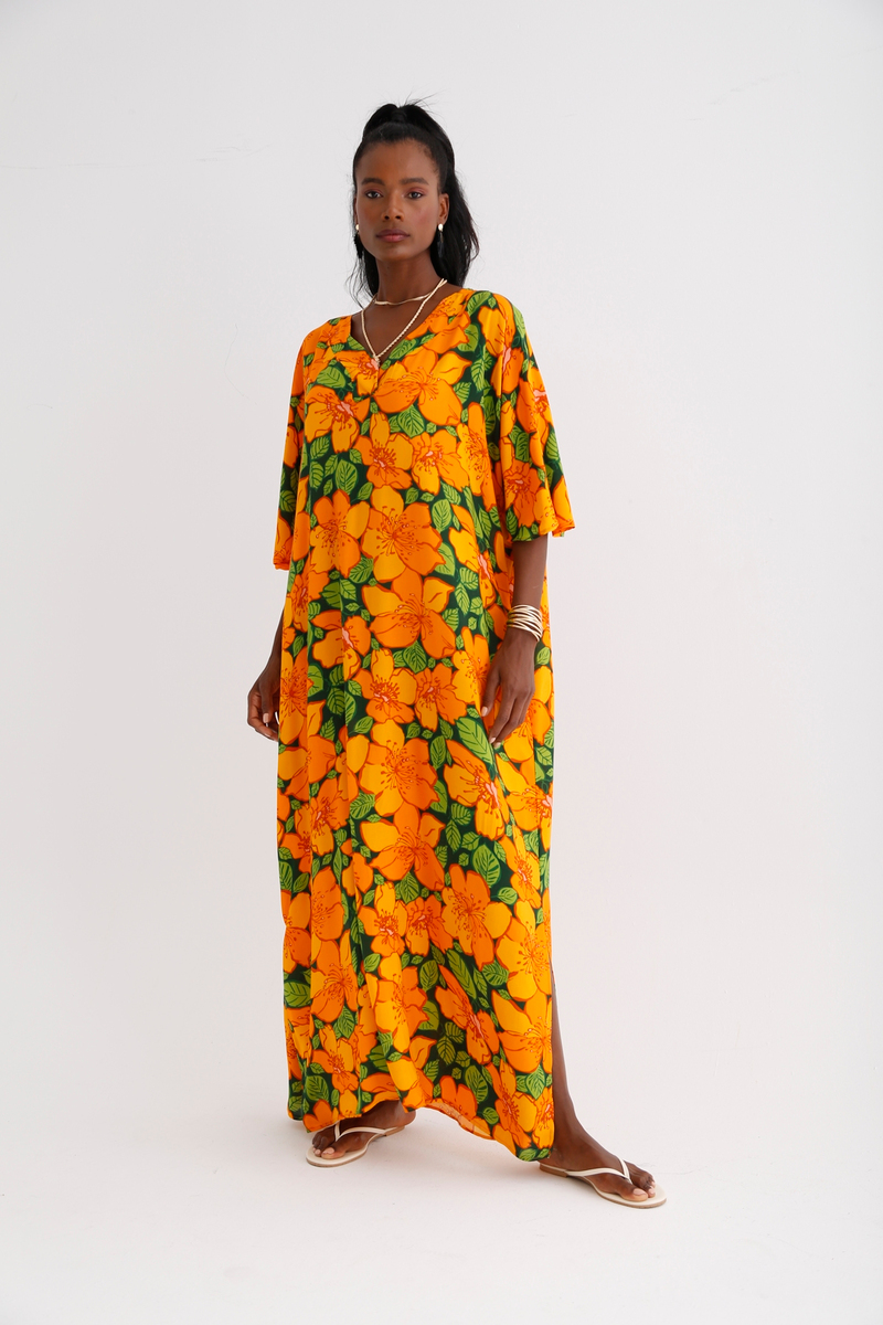 Oranj Oversize Çiçekli Elbise 063