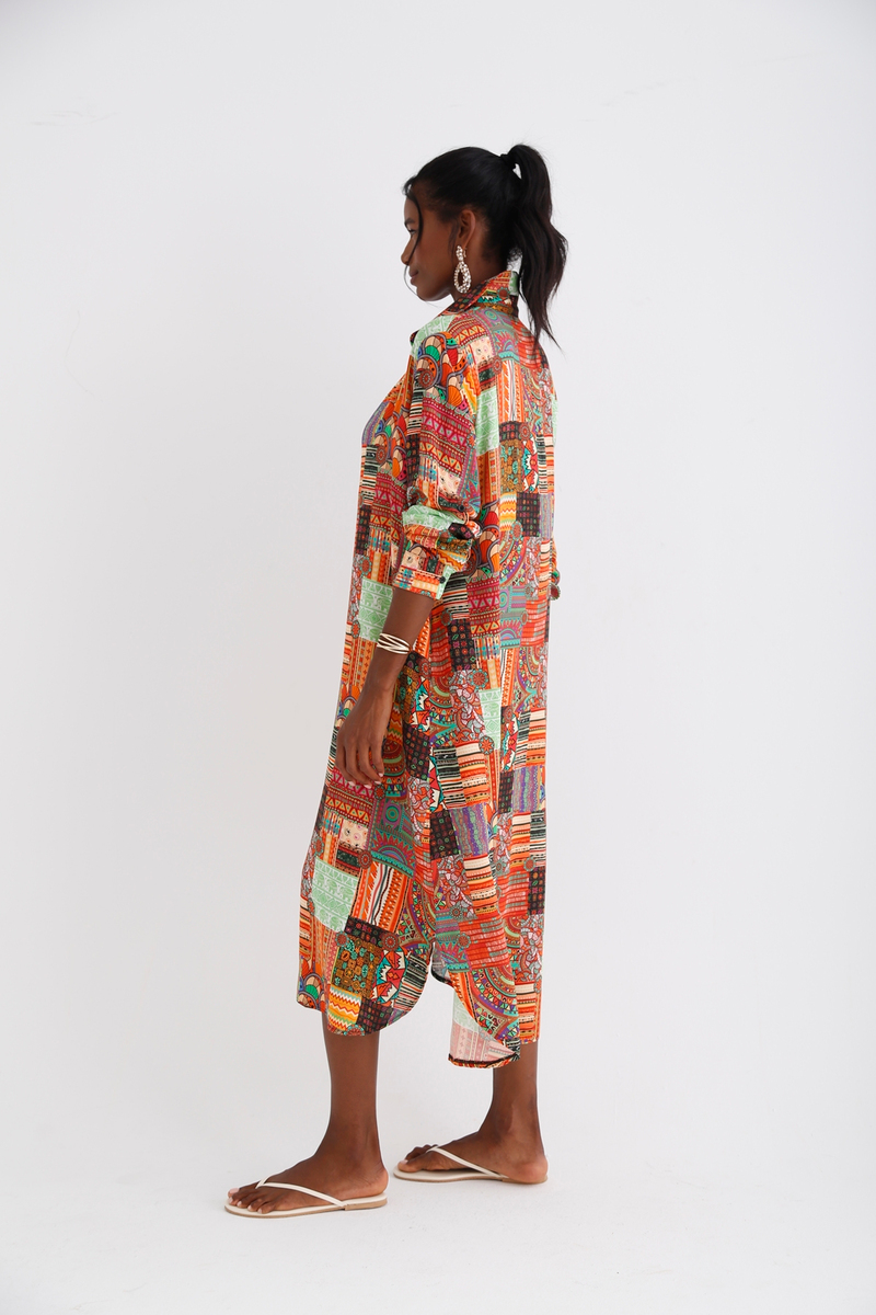 Oranj Patchwork Desenli Gömlek Elbise 028