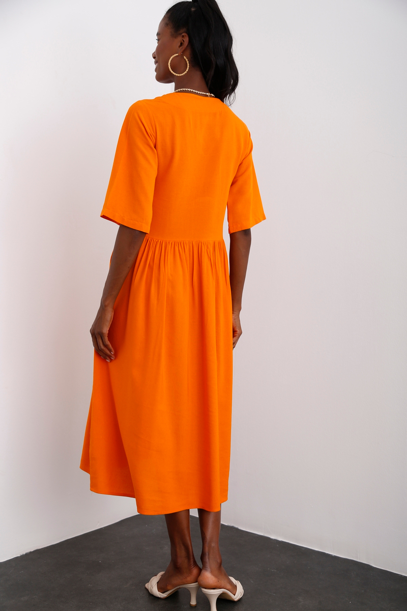 Oranj V Yaka Cepli Elbise 10077